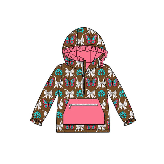 Preorder(moq 5)Baby Girls Butterfly Turquoise Plaid Western Pockets Zipper Hoodie Tops 8.30