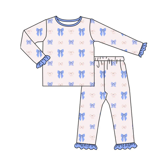 Preorder (moq 5)Baby Girls Blue Pink Bows Plaid Top Ruffle Pant Pajamas Set 8.4