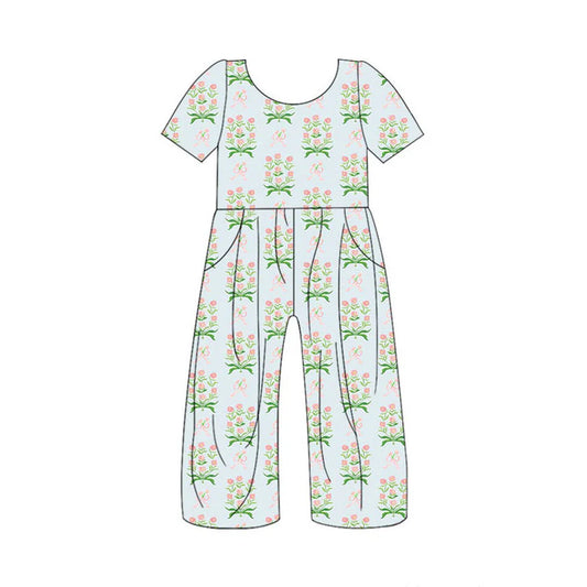 Preorder(moq 5) Baby Girls Pink Flowers Bows Pockets Pants Jumpsuits 10.29