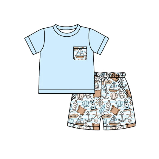 Preorder moq 5 Baby Boys Blue Short Sleeves Pocket Top Boats Shell Short Set 4.12