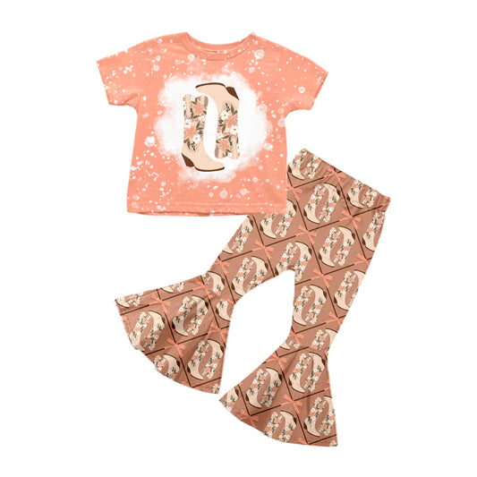 Preorder (moq 5)Baby Girls Pink Short Sleeves Boots Bows Top Khaki Bell Bottom Pant Set 5.12