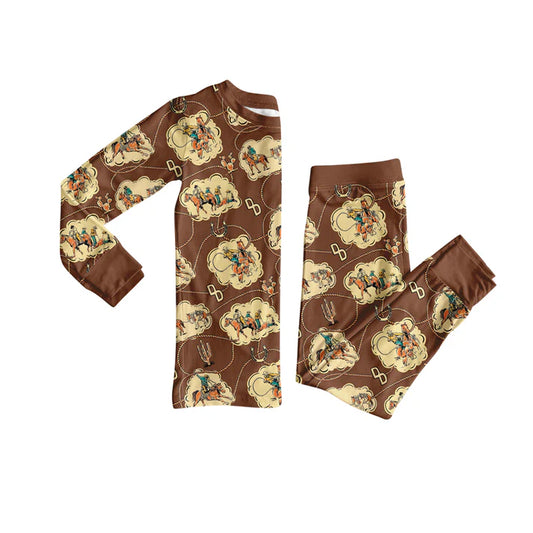 Preorder (moq 5)Baby Boys Grown Long Sleeves Horse Rodeos Plaid Top Pant Pajamas Set 6.23