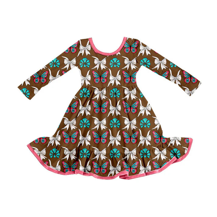 Preorder (moq 5)Baby Girls Butterfly Turquoise Plaid Western Ruffle Knee Length Dresses 8.30