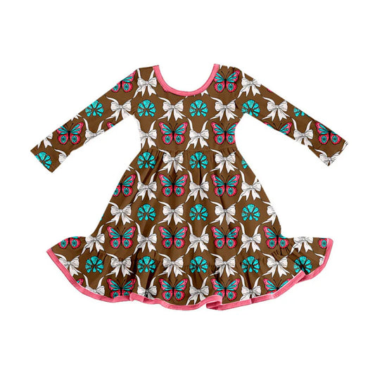 Preorder (moq 5)Baby Girls Butterfly Turquoise Plaid Western Ruffle Knee Length Dresses 8.30