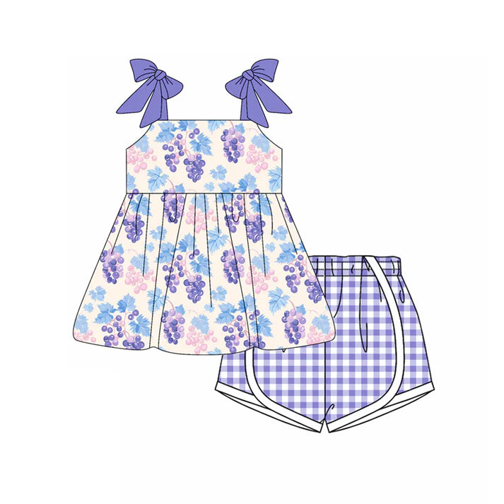 Preorder moq 5 Baby Girls Purple Strap Grape Tunic Plaid Short 4th Of July Set 4.15