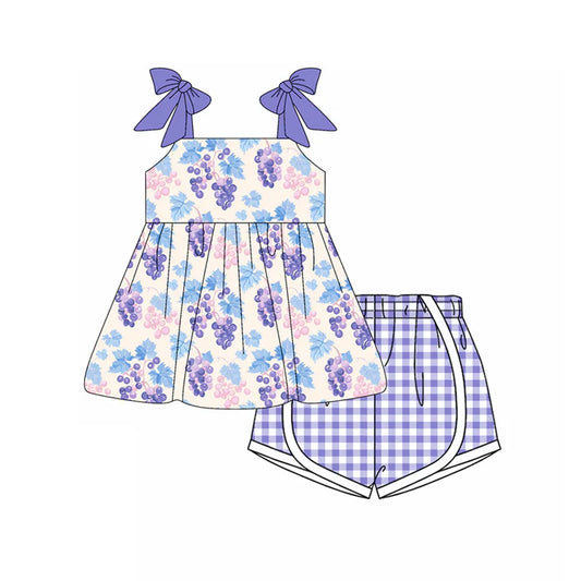 Preorder moq 5 Baby Girls Purple Strap Grape Tunic Plaid Short 4th Of July Set 4.15