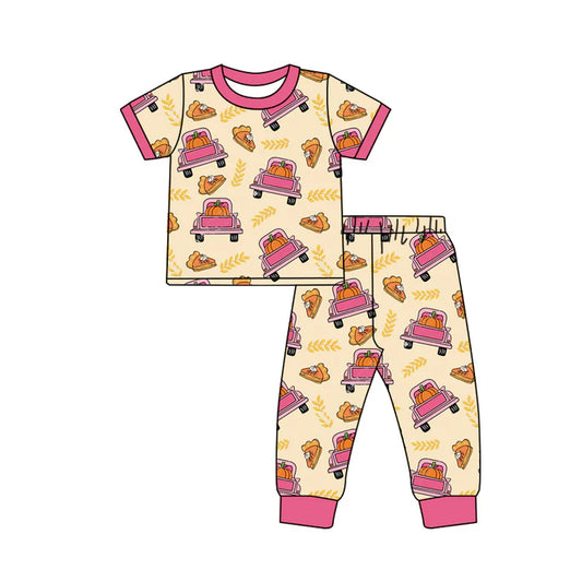 Preorder (moq 5)Baby Girls Pink Short Sleeves Cake Pumpkin Trucks Top Pant Pajamas Set 6.23