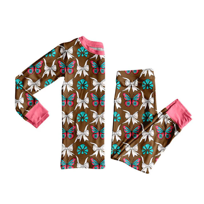 Preorder (moq 5)Baby Girls Butterfly Turquoise Plaid Top Pants Western Pajamas Sets 8.30