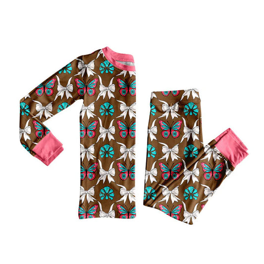 Preorder (moq 5)Baby Girls Butterfly Turquoise Plaid Top Pants Western Pajamas Sets 8.30