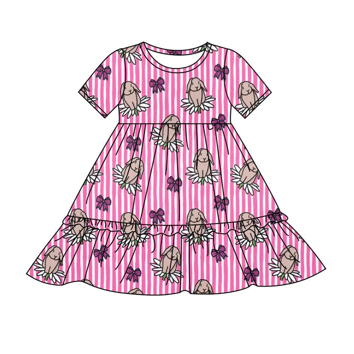Preorder(moq 8)Baby Girls Pink Stripe Flowers Bows Rabbits Easter Ruffle Knee Length Dresses 9.25