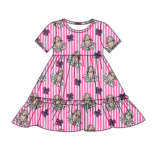 Preorder(moq 8)Baby Girls Pink Stripe Flowers Bows Rabbits Easter Ruffle Knee Length Dresses 9.25
