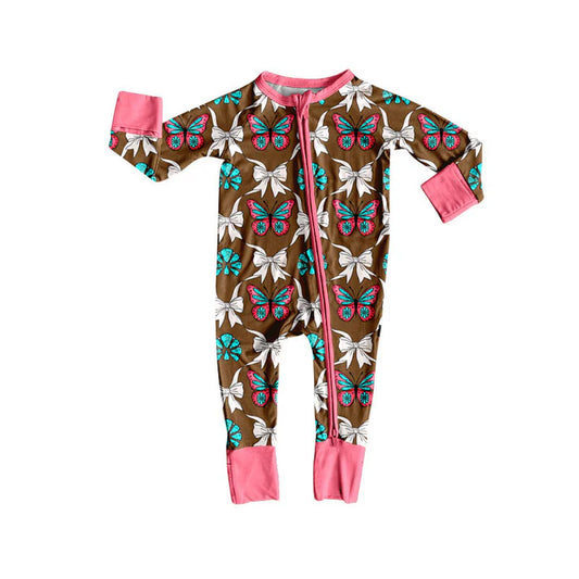 Preorder(moq 5)Baby Girls Butterfly Turquoise Plaid Western Zipper Footie Rompers 8.30