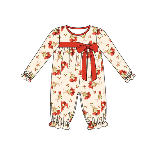 Preorder (moq 5)Baby Girls Long Ruffle Sleeves Red Bows Leaves Pant Rompers 5.30