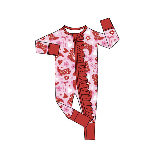Preorder (moq 8)Baby Girls Red Hearts Flowers Boots Ruffle Zipper Footie Rompers 9.22