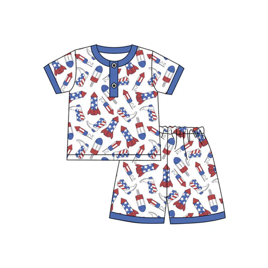 Preorder moq 5 Baby Boys Short Sleeves Button Boots Firework Top Short 4th Of July Pajamas Set 4.23