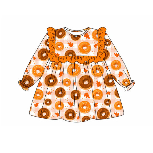 Preorder (moq 5)Baby Girls Long Ruffle Sleeves Orange Plaid Donuts Knee Length Dresses 5.21