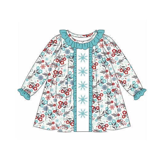 Preorder (moq 5)Baby Girls Long Ruffle Sleeves Blue Red Snowflake Flowers Knee Length Dresses 5.20