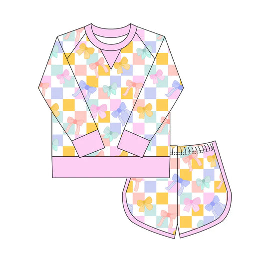 Preorder(moq 8)Baby Girls Colorful Bows Checked Long Sleeve Top Shorts Clothes Set 9.29