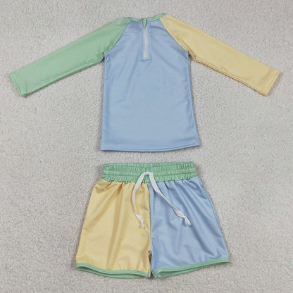Baby Boys Swimsuits Long Sleeve Yellow Aqua Blue Shirts Top Shorts Swimsuits S0634