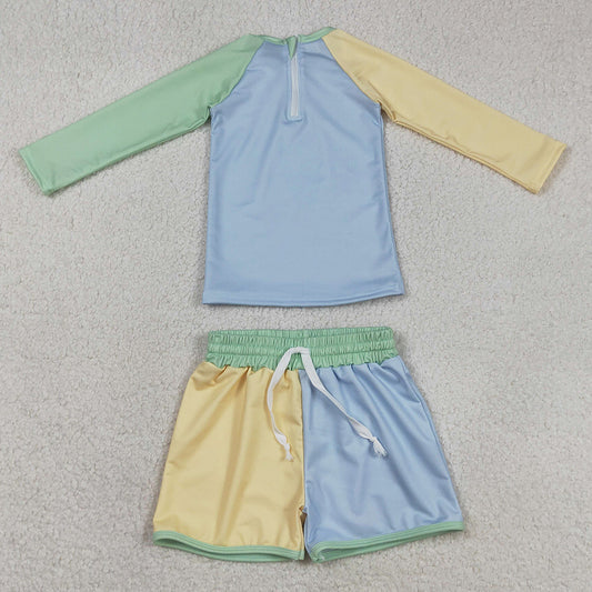 Baby Boys Swimsuits Long Sleeve Yellow Aqua Blue Shirts Top Shorts Swimsuits S0634