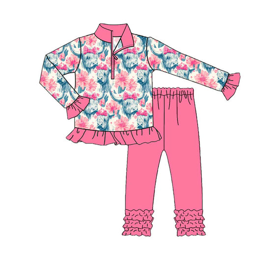 Preorder (moq 8)Baby Girls Highland Cows Zipper Pullover Ruffle Leggings Western Clothes Sets 9.10
