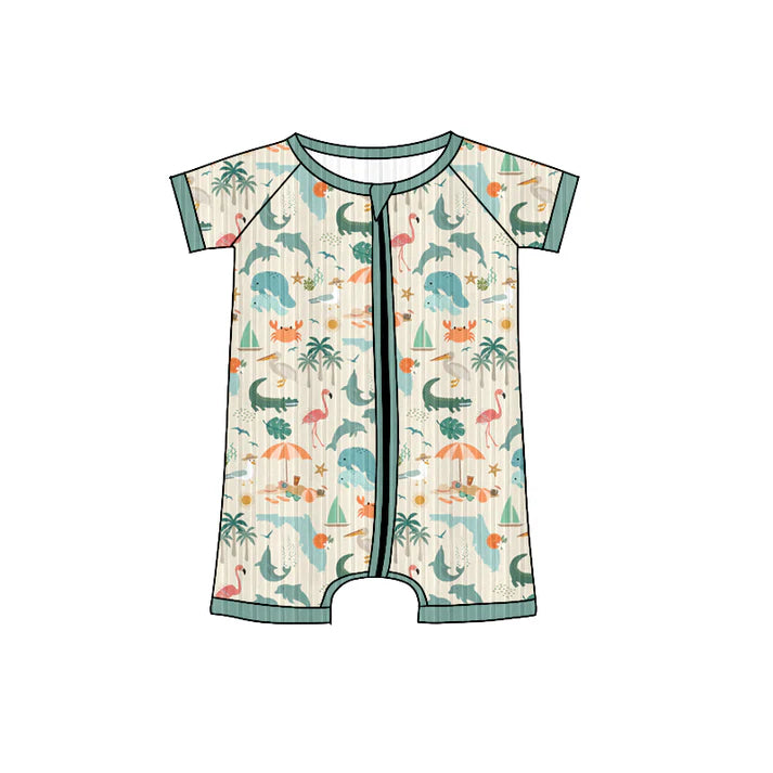 Preorder (moq 5)Baby Boys Green Short Sleeves Sea World Trees Zipper Shorts Rompers 6.4