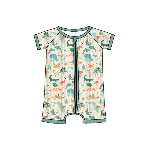 Preorder (moq 5)Baby Boys Green Short Sleeves Sea World Trees Zipper Shorts Rompers 6.4