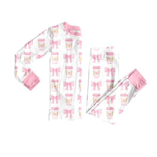 Preorder (moq 8)Baby Girls Pink Bows Coffee Top Pants Valentine Pajamas Sets 9.6