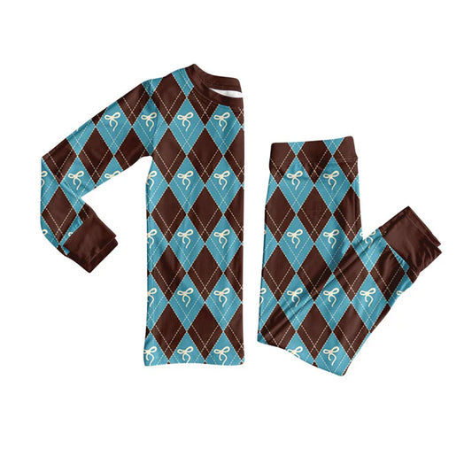 Preorder(moq 5) Baby Girls Brown Blue Checked Bows Top Pants Pajamas Set 10.23