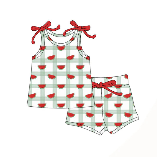 Preorder moq 5 Baby Girls Bows Sleeveless Watermelon Plaid Top Short Set 4.16
