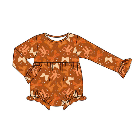 Preorder moq 5 Baby Infant Girls Long Sleeves Orange Bows Plaid Ruffle Romper 7.12