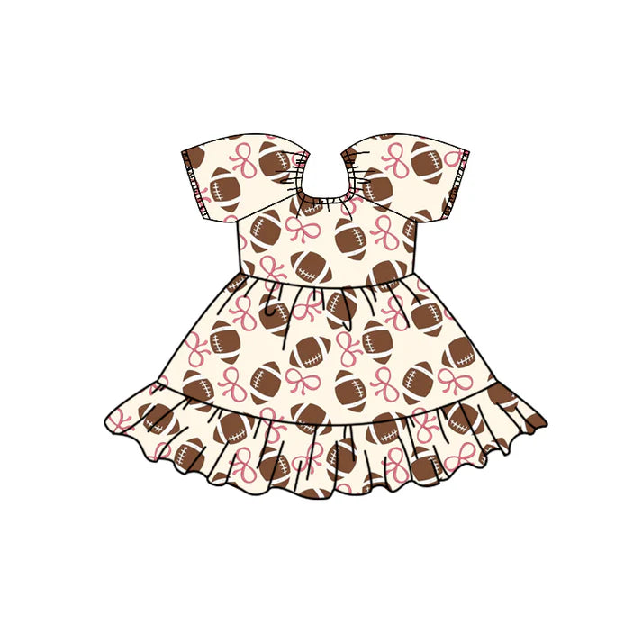 Preorder (moq 5)Baby Girls Pink Bows Footballs Team Ruffle Knee Length Dresses 12.2