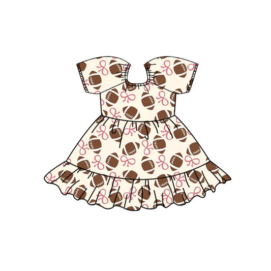 Preorder (moq 5)Baby Girls Pink Bows Footballs Team Ruffle Knee Length Dresses 12.2