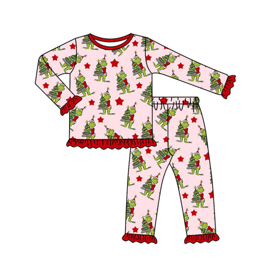 Preorder(moq 5) Baby Girls Long Ruffle Sleeves Christmas Trees Green Face Top Pants Pajamas Set 7.24