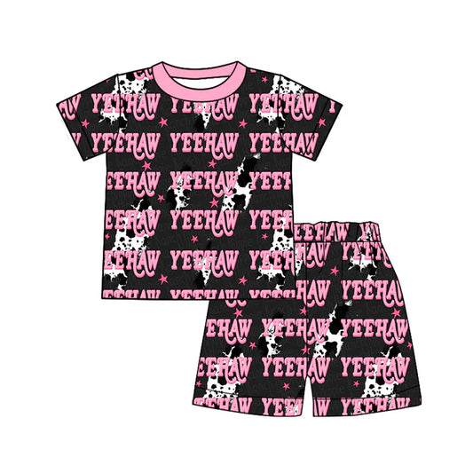 Preorder (moq 8)Baby Girls Cow Print Lights Yeehaw Top Shorts Western Pajamas Sets 9.19