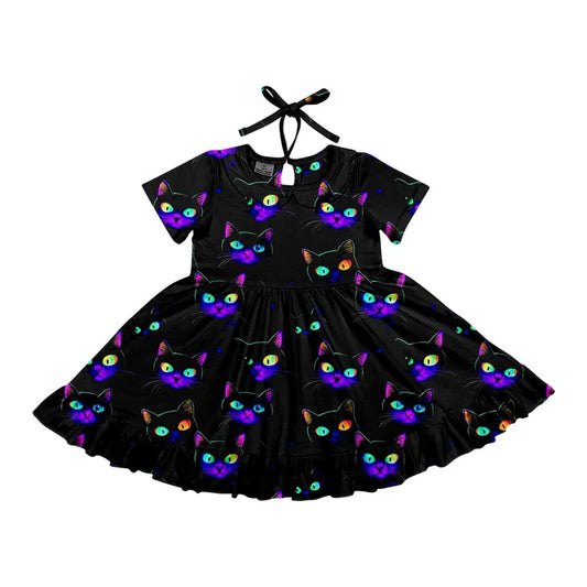 Preorder (moq 5)Baby Girls Halloween Cats Twirl Knee Length Dresses 6.14