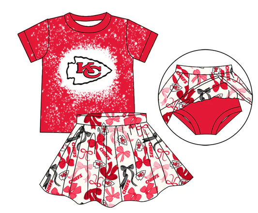 Preorder moq 5 red K C bleached top bow skirt girls team outfits 8.26