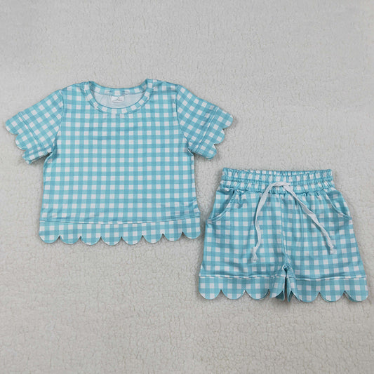 Baby Girls Clothes Short Sleeve Blue Checked Shirts Top Scallop Shorts Clothes Sets GSSO3190