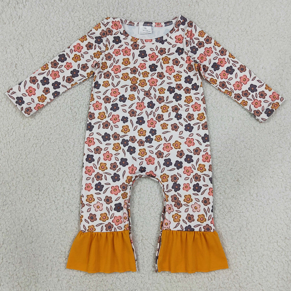 Baby Girls Rompers Long Sleeve Colorful Flowers Fall Ruffle Pant Rompers LR3024
