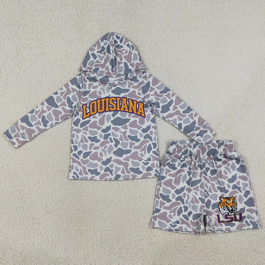 Baby Boys Clothes Light Grey Camo Louisiana Long Sleeve Hoodie Short Team Clothes Set BLS0045