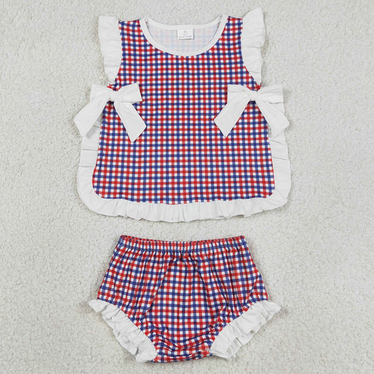 Baby Girls Clothes Red Checked Bows Tunic Bummies Clothes Sets GBO0527