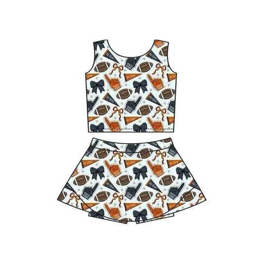 Preorder moq 5 Baby Girls Sleeveless Football Bows Cheer Vest Top Skorts Team Set 7.11