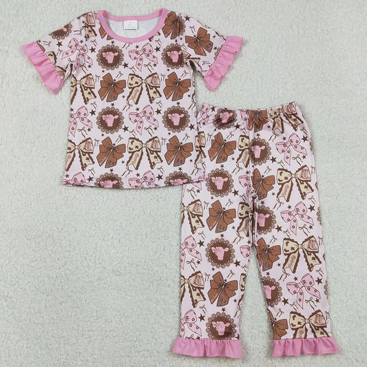 Baby Girls Pajamas Flowers Highland Cows Top Ruffle Pants Western Pajamas Set GSPO2244 12.31