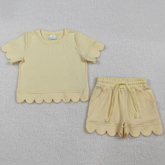 Baby Girls Clothes Short Sleeve Yellow Shirts Top Shorts Scallop Clothes Sets GSSO3175