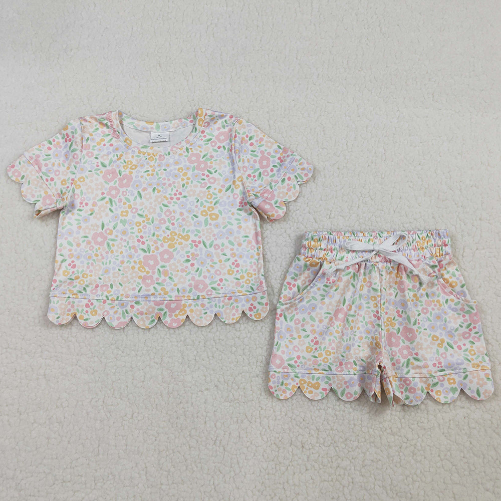 Baby Girls Clothes Short Sleeve Colorful Small Flowers Top Shorts Scallop Clothes Sets GSSO3273