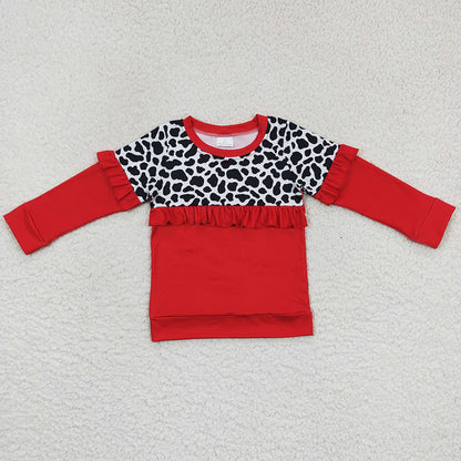 Baby Girls Clothes Red Cow Print Ruffle Long Sleeve Tops GT0295