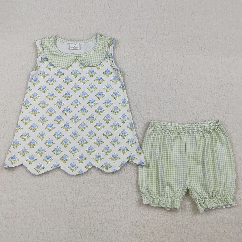 Baby Girls Clothes Flowers Plaid Collar Tunic Ruffle Shorts Clothes Sets GSSO2850