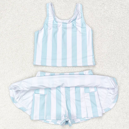 Baby Girls Swimsuits Summer Blue Stripes Top Skirts Active Wear Sets GSD0990