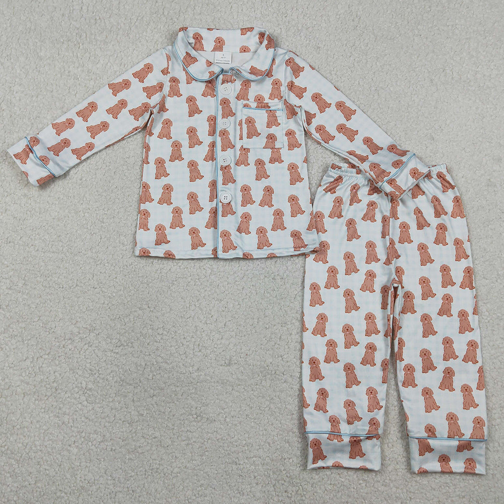 Baby Boys Pajamas Blue Checked Dogs Button Pocket Top Pant Pajamas Sets BLP1408