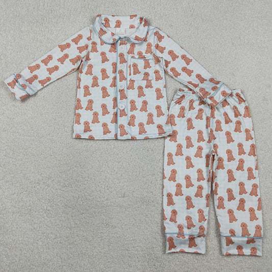 Baby Boys Pajamas Blue Checked Dogs Button Pocket Top Pant Pajamas Sets BLP1408